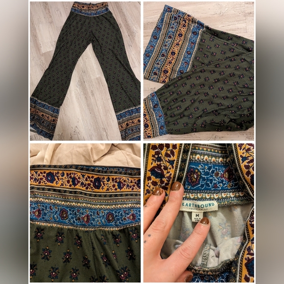 Earthbound bell bottoms Paisley flowers green size medium - Picture 1 of 5